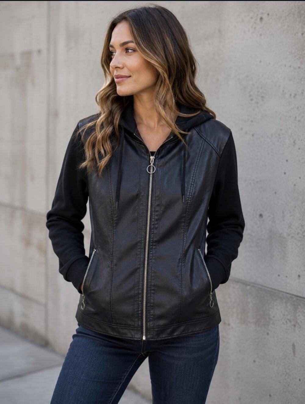 Baccini Women’s Faux Leather Hooded Biker Moto Jacket Full Zip Black Sz L Lined